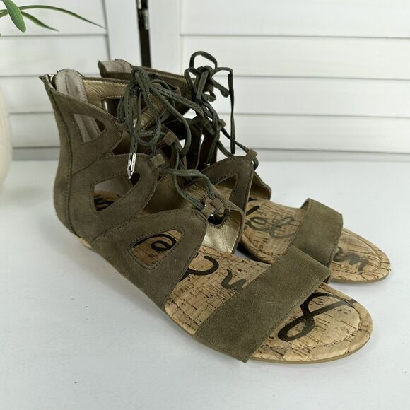 Sam Edelman Dean Caged Gladiator Sandal Green Suede Leather Zip Shoe Size 7.5‎ M - Picture 2 of 8